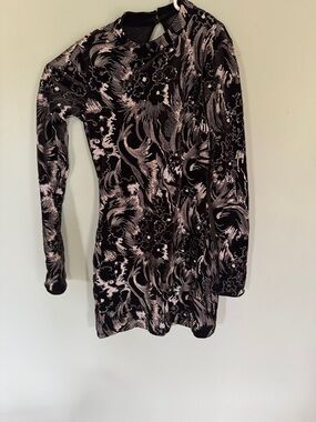 Black & Pink Floral Velvet Long-Sleeve Mini Dress